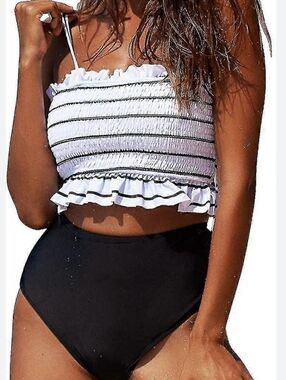 Striped Ruffled Bandeau Top paired with solid high-waisted bottoms Swimsuit